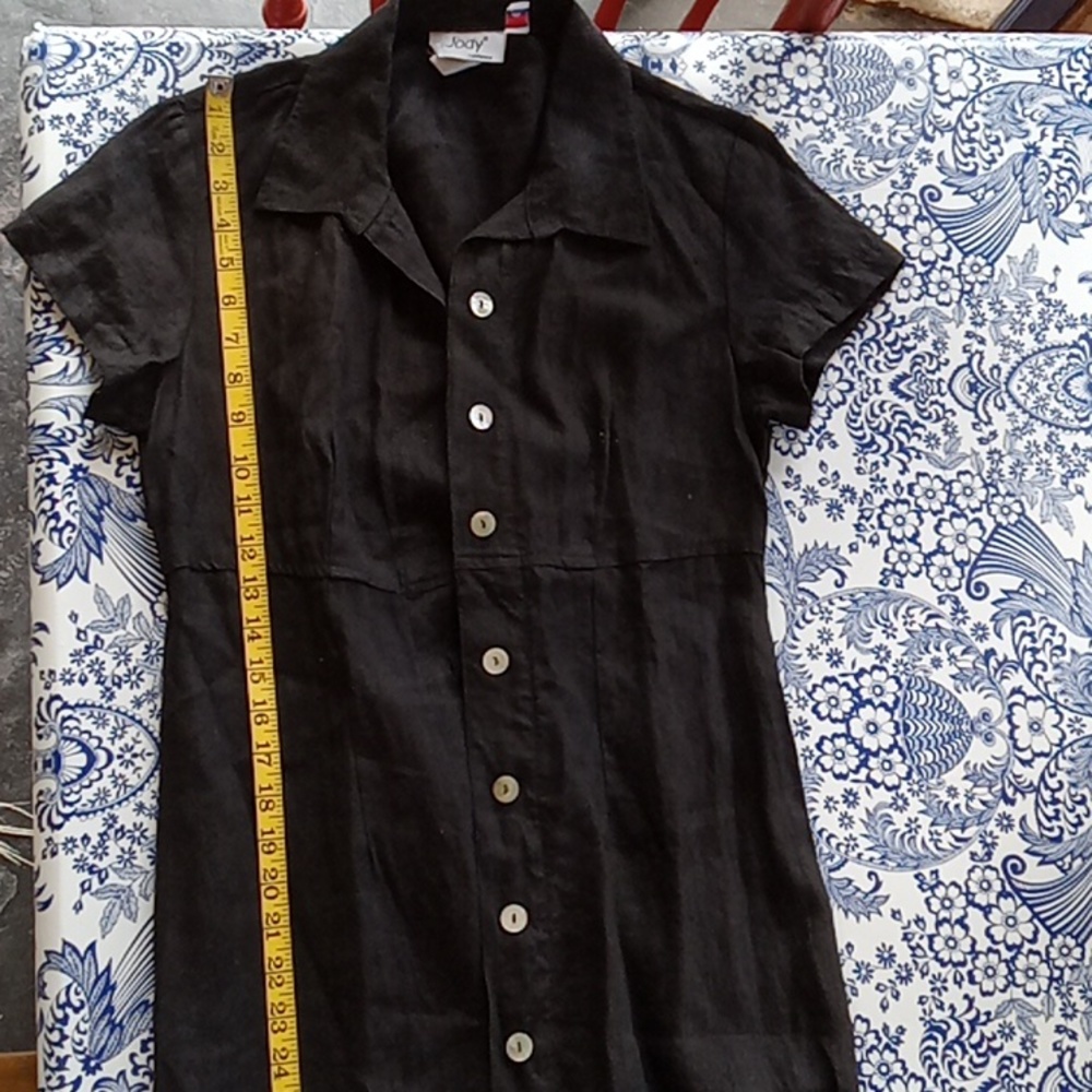 Vintage 90s black linen button up dress small